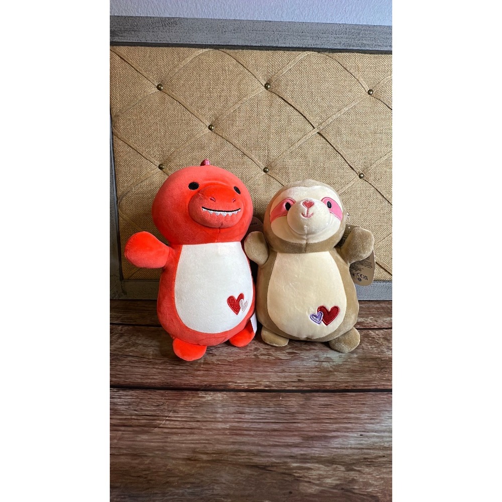 NWT Squishmallows Duster the Red Dino Hug Mees & Simon the Tan Sloth Hug Mees